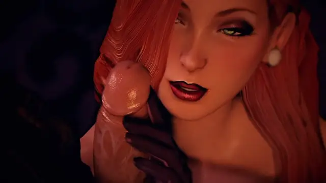 A close-up shot of a red-haired woman with dark lipstick looking down at a large, erect penis that she is holding with a gloved hand. Screenshot from Songbird's Shame