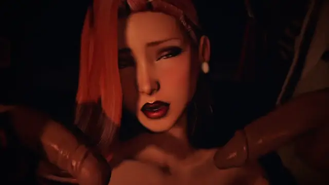 A close-up shot of an anime woman with orange hair and a distressed expression as she is being penetrated by two large penises. Screenshot from Songbird's Shame