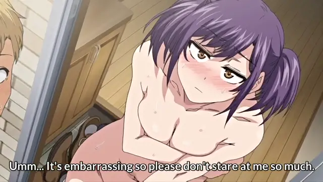 A blushing, purple-haired woman with a large chest is shown nude and embarrassed in a bathroom, with a man looking on as she says, "Umm... It's embarrassing so please don't stare at me so much.". Screenshot from Shikiyoku Infinite - Episode 1