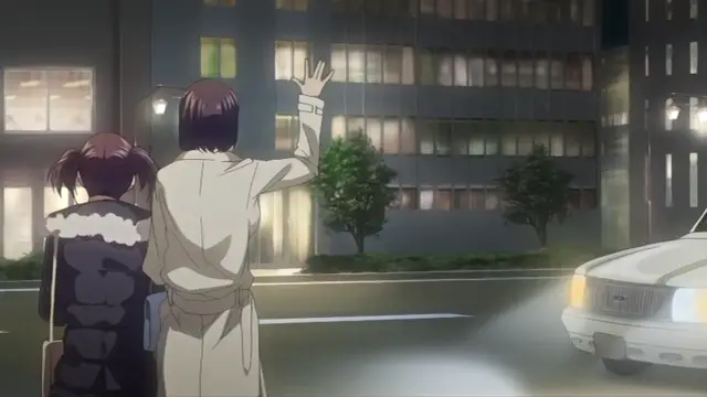 A woman in a white robe stands on a city street at night with her hand raised toward a building, while a woman in a dark coat stands beside her and a car's headlights shine in the foreground. Screenshot from Shikiyoku Infinite - Episode 1