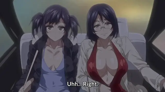 In a vehicle, a dark-haired girl with twin tails looks surprised next to a bespectacled woman with large breasts wearing a red cleavage-baring top and white blazer, with the subtitle "Uhh... Right." appearing at the bottom. Screenshot from Shikiyoku Infinite - Episode 1