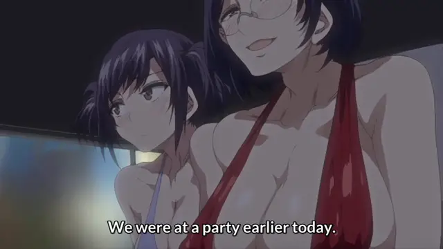 A girl with short dark hair and a blue bikini top stands beside a smiling woman wearing glasses and a red dress, with the subtitle "We were at a party earlier today." appearing at the bottom of the frame. Screenshot from Shikiyoku Infinite - Episode 1