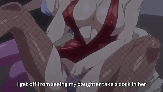 A woman with long white hair and a red bodysuit with fishnet stockings sits with her legs spread, with a subtitle that reads "I get off from seeing my daughter take a cock in her.". Screenshot from Shikiyoku Infinite - Episode 1