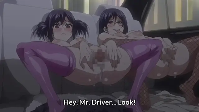 Two anime girls with large breasts and high-cut purple bodysuits sit on a bus seat with their legs spread wide and genitals exposed, as one girl with black pigtails looks surprised and the other with glasses smiles while the subtitle at the bottom reads "Hey, Mr. Driver... Look!". Screenshot from Shikiyoku Infinite - Episode 1