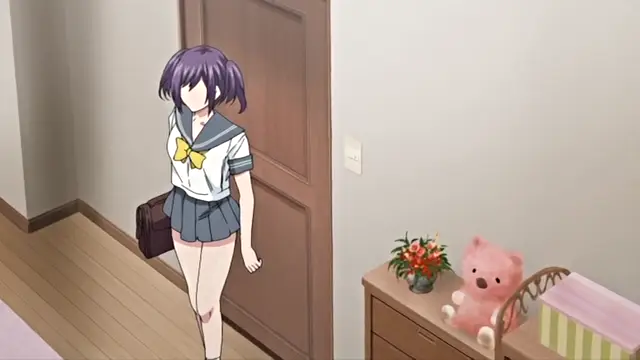 An anime girl with purple hair wearing a sailor-style school uniform stands in a doorway holding a brown bag, with a pink teddy bear and a bouquet of flowers on a nearby dresser. Screenshot from Shikiyoku Infinite - Episode 2