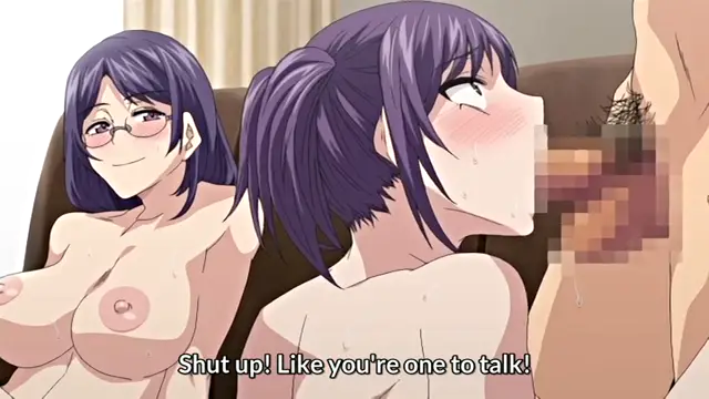 A blushing purple-haired girl with a ponytail is being facially serviced by a man while another purple-haired woman with glasses watches and smirks, with a subtitle at the bottom that reads "Shut up! Like you're one to talk!". Screenshot from Shikiyoku Infinite - Episode 2
