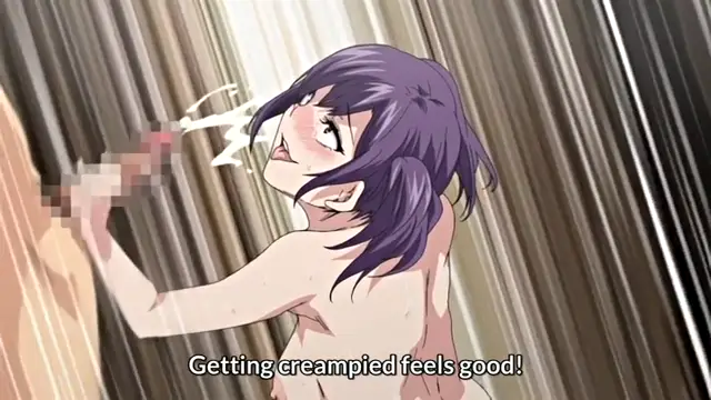 A purple-haired girl with a blushing face is shown from the waist up in an anime-style scene, being penetrated from behind while she looks over her shoulder with a dazed expression and the subtitle "Getting creampied feels good!" appears at the bottom. Screenshot from Shikiyoku Infinite - Episode 2