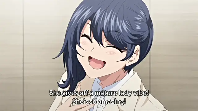 A smiling anime girl with dark blue hair and closed eyes laughs while the subtitles read, "She gives off a mature lady vibe! She's so amazing!". Screenshot from Shikiyoku Infinite - Episode 2