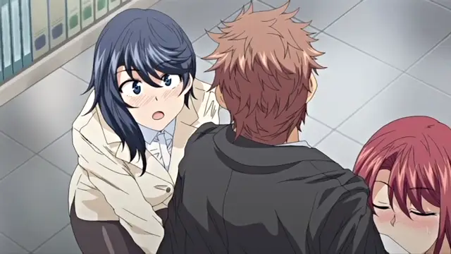 A shocked girl with blue hair and blushing cheeks looks on while a man with brown hair sits between her and another girl with long red hair who has her eyes closed and a blushing face. Screenshot from Shikiyoku Infinite - Episode 2
