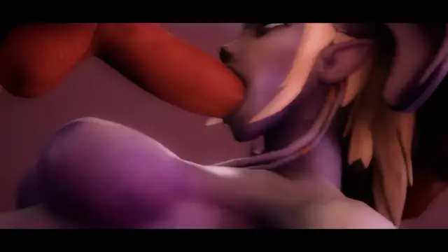 A purple-skinned female anime character with blonde hair is shown from a side profile, performing oral sex on a large penis. Screenshot from Arena of Depravity – Coliseum of Lust