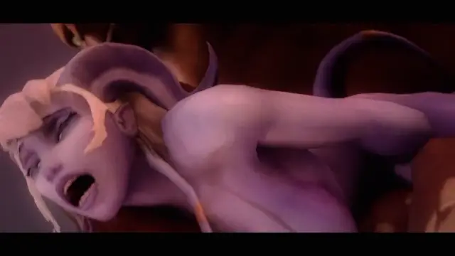 A purple-skinned, elf-like anime girl with white hair and large ears lies on her back with an open-mouthed expression while being penetrated by a male character. Screenshot from Arena of Depravity – Coliseum of Lust