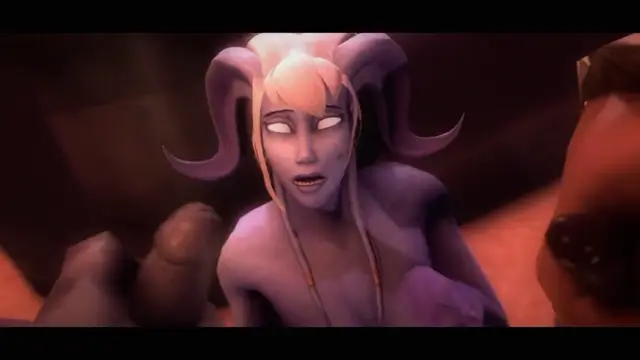A purple-skinned, horned anime girl with long blonde hair and white eyes looks shocked with her mouth open while looking towards a large hand on the right. Screenshot from Arena of Depravity – Coliseum of Lust
