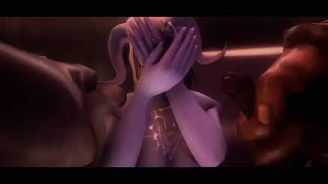 A purple-skinned woman with long hair covers her face in distress while standing between two figures in a dimly lit room. Screenshot from Arena of Depravity – Coliseum of Lust