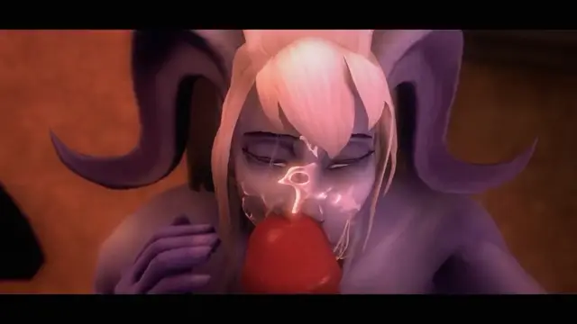 A purple-skinned anime girl with large horns and blonde hair has her mouth open as she sucks on a large red dildo. Screenshot from Arena of Depravity – Coliseum of Lust