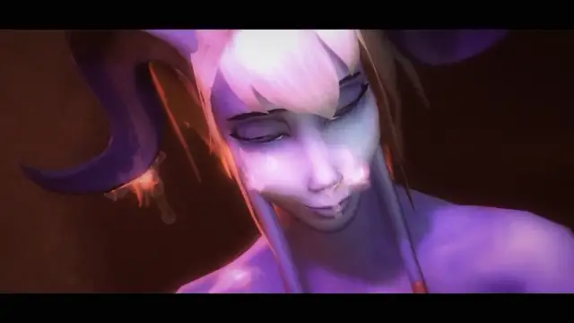 A purple-skinned girl with horns and pink hair has a blissful expression on her face, with white fluid dripping from her mouth and over her cheeks. Screenshot from Arena of Depravity – Coliseum of Lust