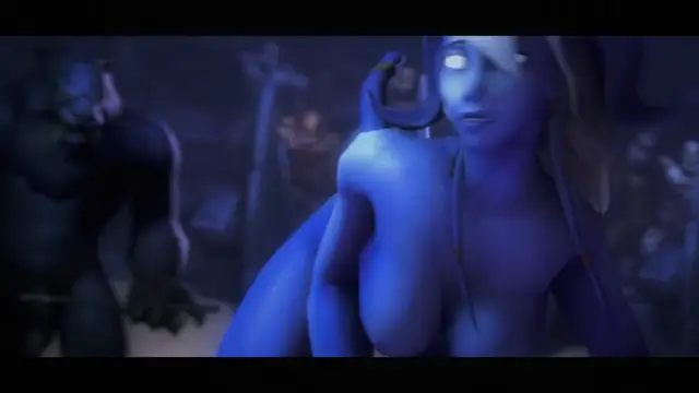 A blue-skinned woman with long hair and white eyes sits in a dark cave, looking fearful as a large, muscular male creature stands behind her in the background. Screenshot from Arena of Depravity – Coliseum of Lust