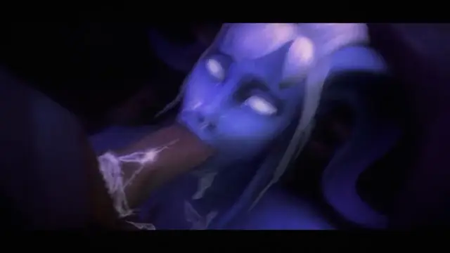 A blue-skinned, horned elf-like girl with glowing eyes is shown in a close-up shot with a male character's penis inside her mouth. Screenshot from Arena of Depravity – Coliseum of Lust
