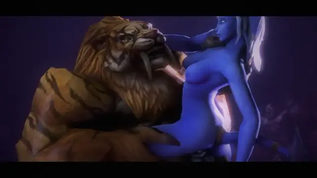 A blue-skinned, long-haired woman is being sexually assaulted by a large, tiger-like beast in a dark setting, with the subtitle "Everything is fine" appearing at the bottom. Screenshot from Arena of Depravity – Coliseum of Lust