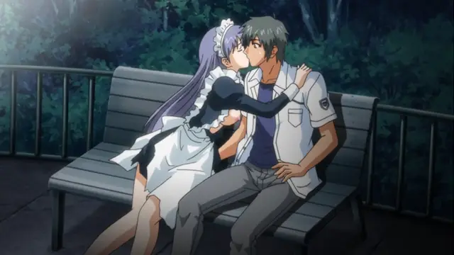 A girl in a maid outfit and a boy in a white shirt and grey pants are sitting on a bench in a forest at night, with the girl leaning in to kiss the boy. Screenshot from Kansen 2 Inzai Toshi - Episode 1
