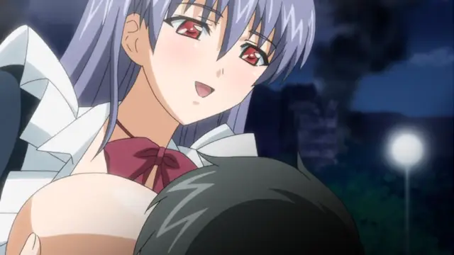 A blushing anime girl with purple hair and red eyes in a frilly maid outfit smiles while embracing a black-haired male character from behind in a nighttime setting. Screenshot from Kansen 2 Inzai Toshi - Episode 1