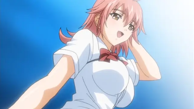 A pink-haired anime girl in a white nurse outfit with a red bow stands against a blue background with a surprised expression on her face. Screenshot from Kansen 2 Inzai Toshi - Episode 1