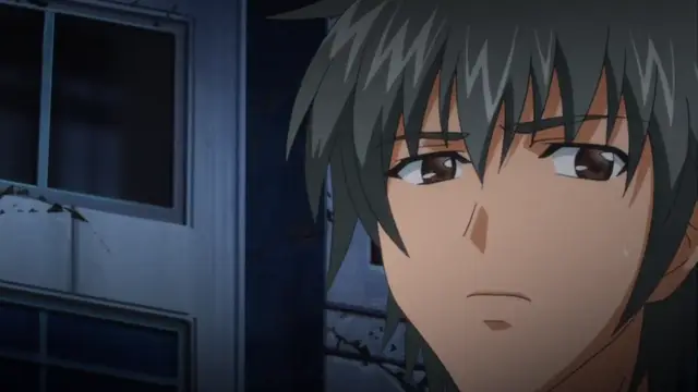 A male anime character with grey hair and brown eyes looks on with a neutral expression from inside a dimly lit building. Screenshot from Kansen 2 Inzai Toshi - Episode 1