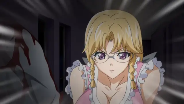 A blonde anime girl with glasses and braided hair looks shocked as blood splatters against a nearby wall in a dark hallway. Screenshot from Kansen 2 Inzai Toshi - Episode 1