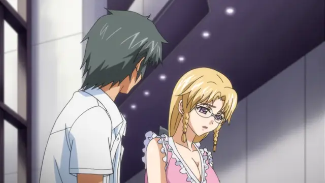 A blonde woman in a pink dress and glasses looks up at a dark-haired man in a white shirt in a hallway. Screenshot from Kansen 2 Inzai Toshi - Episode 1