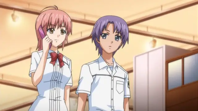 In an indoor setting, a pink-haired girl in a white uniform holds a phone to her ear while looking towards a purple-haired boy in a white short-sleeved shirt. Screenshot from Kansen 2 Inzai Toshi - Episode 1