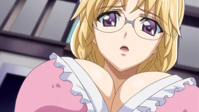 A blonde anime woman with glasses and a shocked expression wears a pink ruffled outfit that reveals her large breasts. Screenshot from Kansen 2 Inzai Toshi - Episode 1