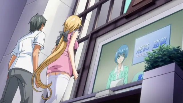 A young man with dark hair and a young woman with long blonde hair stand on a street, looking at a large television screen showing a news anchor. Screenshot from Kansen 2 Inzai Toshi - Episode 1