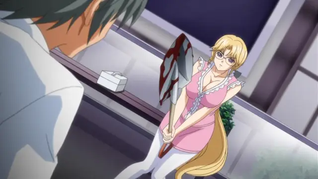 A blonde woman in a pink dress and glasses holds a blood-stained axe while standing in front of a man in a white shirt. Screenshot from Kansen 2 Inzai Toshi - Episode 1