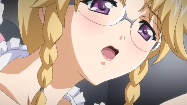 A close-up anime shot shows a blonde girl with glasses and braids looking surprised with an open mouth as she wears a white frilled dress. Screenshot from Kansen 2 Inzai Toshi - Episode 1