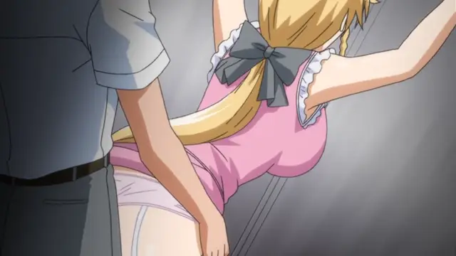 A blonde girl in a pink dress is bent over, facing away from the viewer, while a man stands behind her. Screenshot from Kansen 2 Inzai Toshi - Episode 1