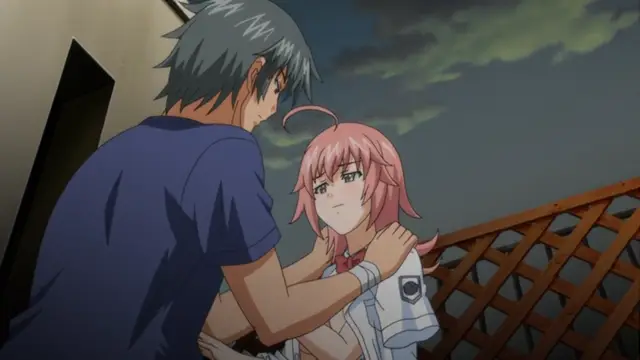 A man with spiky gray hair and a blue shirt holds a girl with pink hair and a white school uniform, both with blushing faces, in a dimly lit outdoor setting at night. Screenshot from Kansen 2 Inzai Toshi - Episode 1