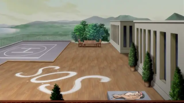 A nude girl lies face down on a mat on a wooden deck next to a basketball court with "SOS" written in white paint on the ground. Screenshot from Kansen 2 Inzai Toshi - Episode 1