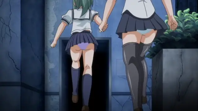 Two anime schoolgirls with short hair, wearing pleated skirts and high socks, walk side-by-side while holding hands, revealing their blue and purple panties underneath their skirts. Screenshot from Kansen 2 Inzai Toshi - Episode 2
