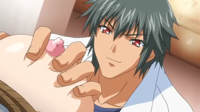 A muscular man with spiky dark hair and red eyes smiles while holding a woman's large breast, pressing his finger against her pink nipple. Screenshot from Kansen 2 Inzai Toshi - Episode 2