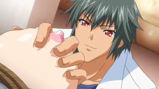A male character with grey hair and red eyes smiles while holding a woman's breast, with the nipple visible. Screenshot from Kansen 2 Inzai Toshi - Episode 2