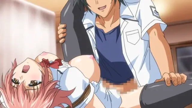 An anime man in a white shirt and blue tank top sits on a bed while a pink-haired girl lies on her back with her legs spread, with both of them engaged in sexual intercourse. Screenshot from Kansen 2 Inzai Toshi - Episode 2