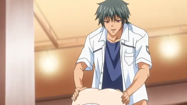 A muscular man with spiky green hair and a sly smile wears a white open button-down shirt over a blue tank top while standing over a woman lying on the floor. Screenshot from Kansen 2 Inzai Toshi - Episode 2