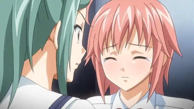An anime girl with pink hair and teary eyes looks sadly at another girl with long teal hair who is looking at her with an expression of concern or surprise. Screenshot from Kansen 2 Inzai Toshi - Episode 2