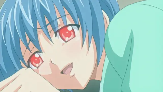 A blue-haired girl with wide red eyes and a blushing face looks up with a dazed expression while being held or pressed against a person in a light green shirt. Screenshot from Kansen 2 Inzai Toshi - Episode 2