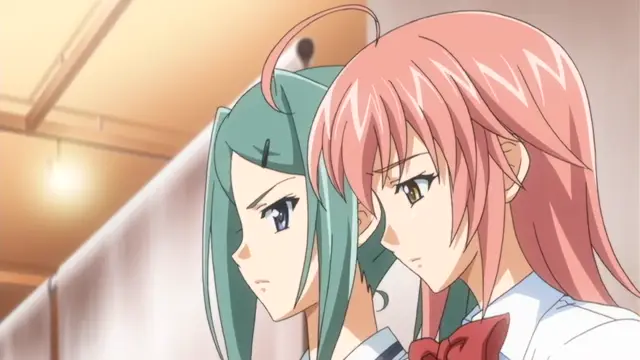Two anime girls with serious expressions look forward from a school setting in this scene. Screenshot from Kansen 2 Inzai Toshi - Episode 2