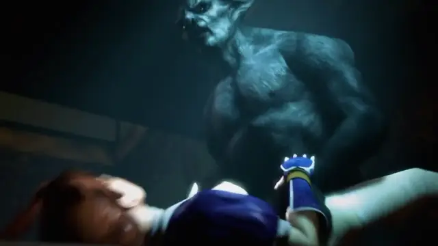 A muscular, blue-skinned goblin stands over a defenseless girl in a blue and white sports outfit who is lying on the ground. Screenshot from Kunoichi: Broken Princess