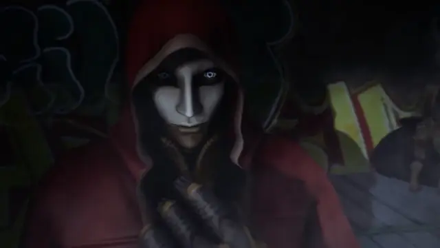 A masked figure in a red hooded cloak and a white, featureless mask with small eye holes stands in a dimly lit urban alleyway. Screenshot from Kunoichi: Broken Princess