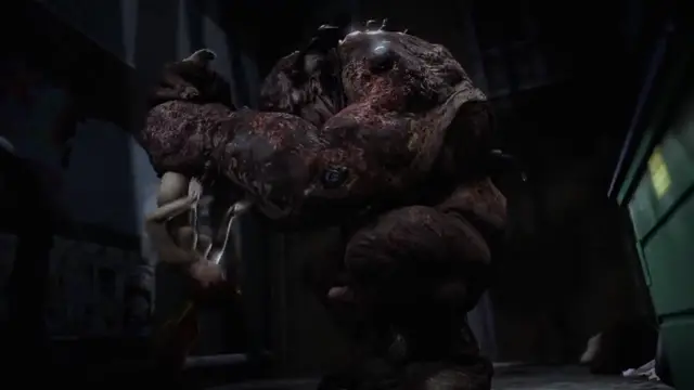 A giant, muscular, monstrous creature with dark red skin and multiple eyes is shown devouring a human character in a dark, industrial-looking hallway. Screenshot from Kunoichi: Broken Princess