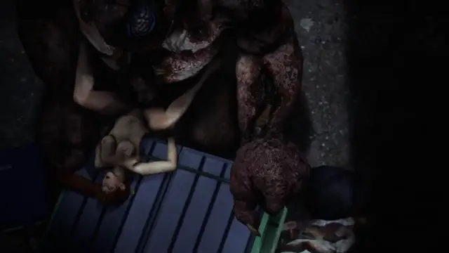 A pale-skinned woman lies prone on a blue slatted table, being dominated and penetrated by a large, grotesque, muscular monster with dark, textured skin and a glowing blue eye. Screenshot from Kunoichi: Broken Princess