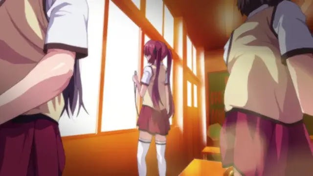 A girl with pink hair in a school uniform stands in a classroom facing a window, while two other students in school uniforms stand in the foreground, looking towards her. Screenshot from Tokubetsu Jugyou 3 SLG - Episode 1