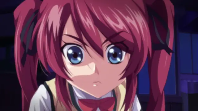A girl with long red hair in pigtails and a school uniform stares with a blushing, angry expression. Screenshot from Tokubetsu Jugyou 3 SLG - Episode 1